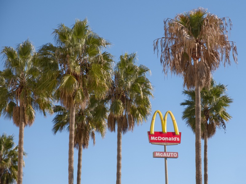 Palm trees surround a McDonald's sign against a clear blue sky.