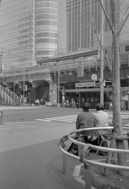 Two people sit by a tree at a crosswalk beneath towering city buildings.