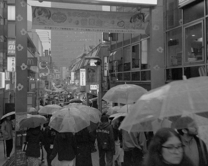 Crowded rainy street filled with umbrellas beneath signs and a wide gate.