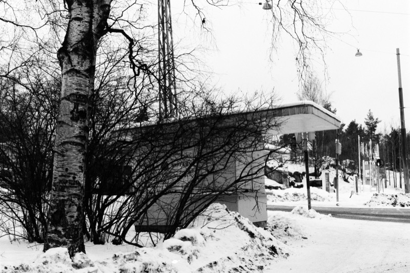 A kiosk tucked behind a birch tree and bushes, with snow piled along the road.